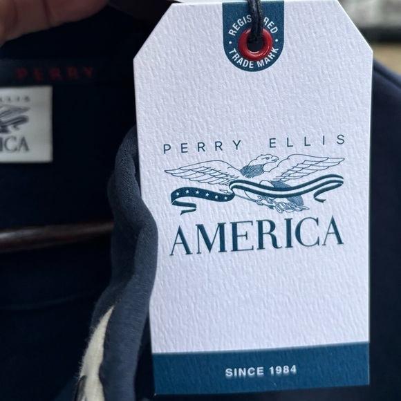 Perry Ellis America Navy Blue & White Pullover Fleece Sweater Size M w/ Pocket - Picture 8 of 13